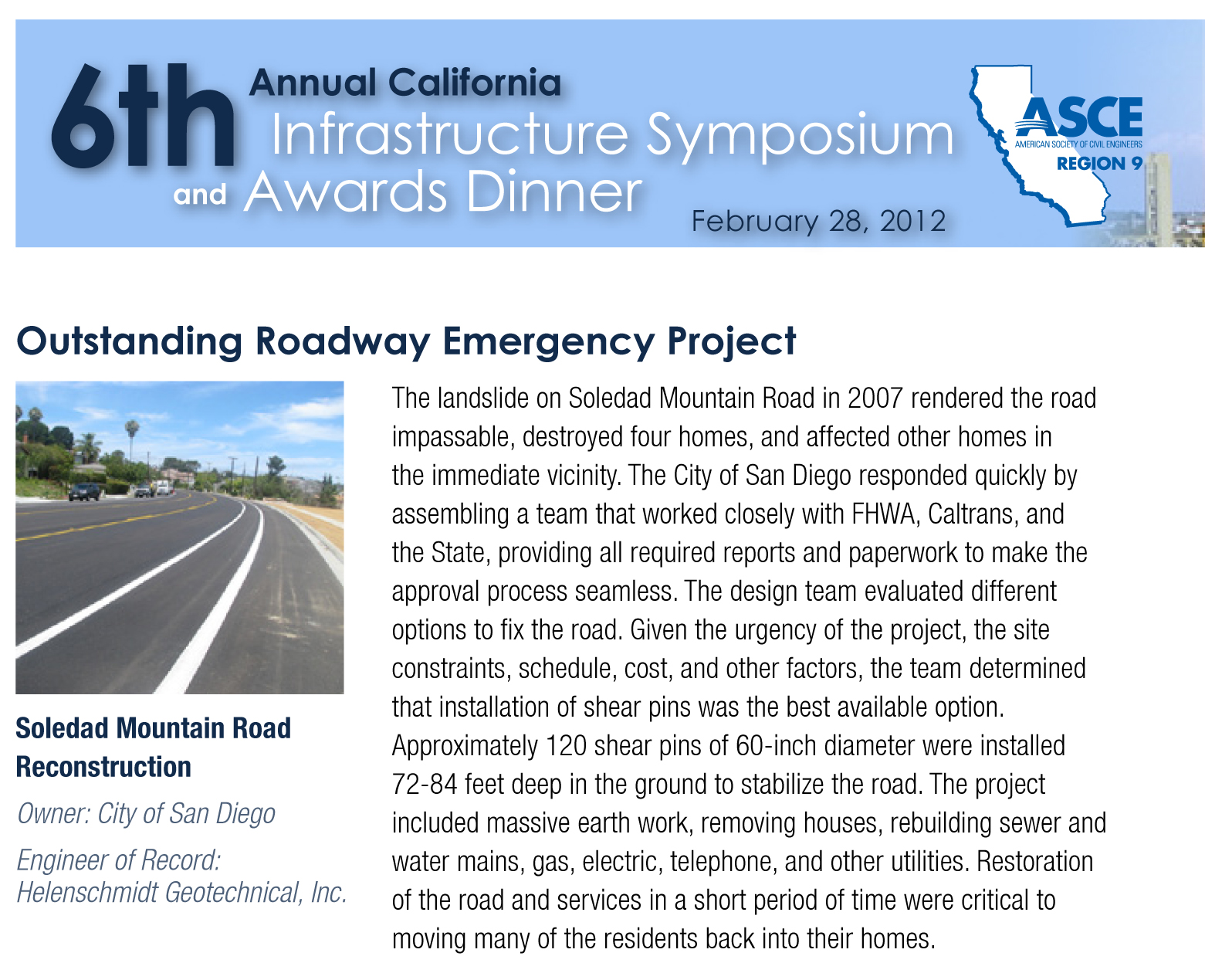 HGI awarded "ASCE Award of Excellence" for Soledad Mountain Road Landslide Remediation Project